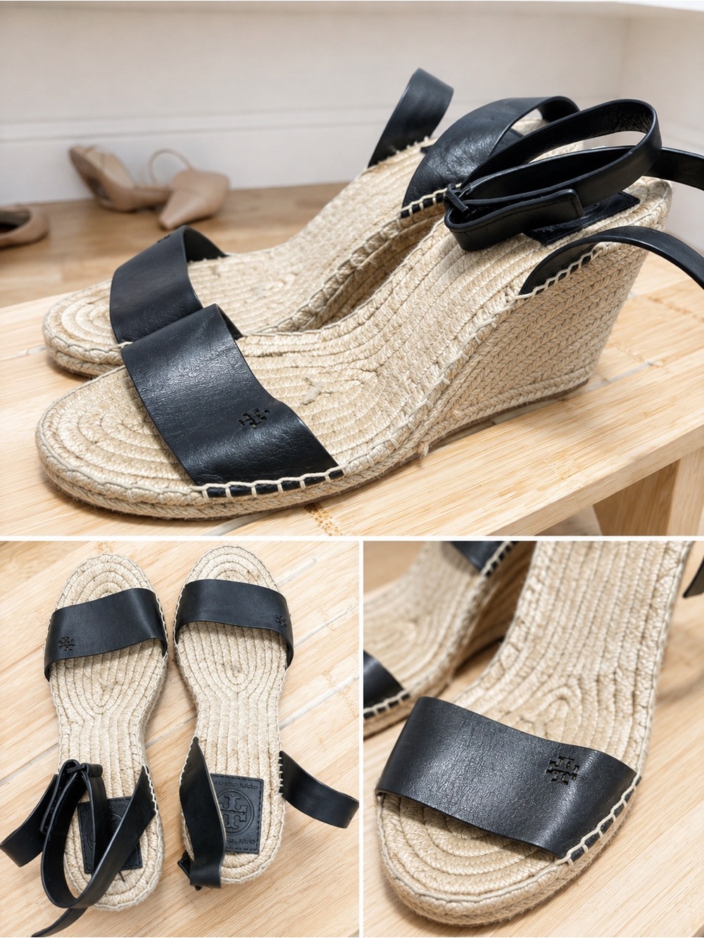 Tory Burch Black Leather Espadrille Wedge Sandals
